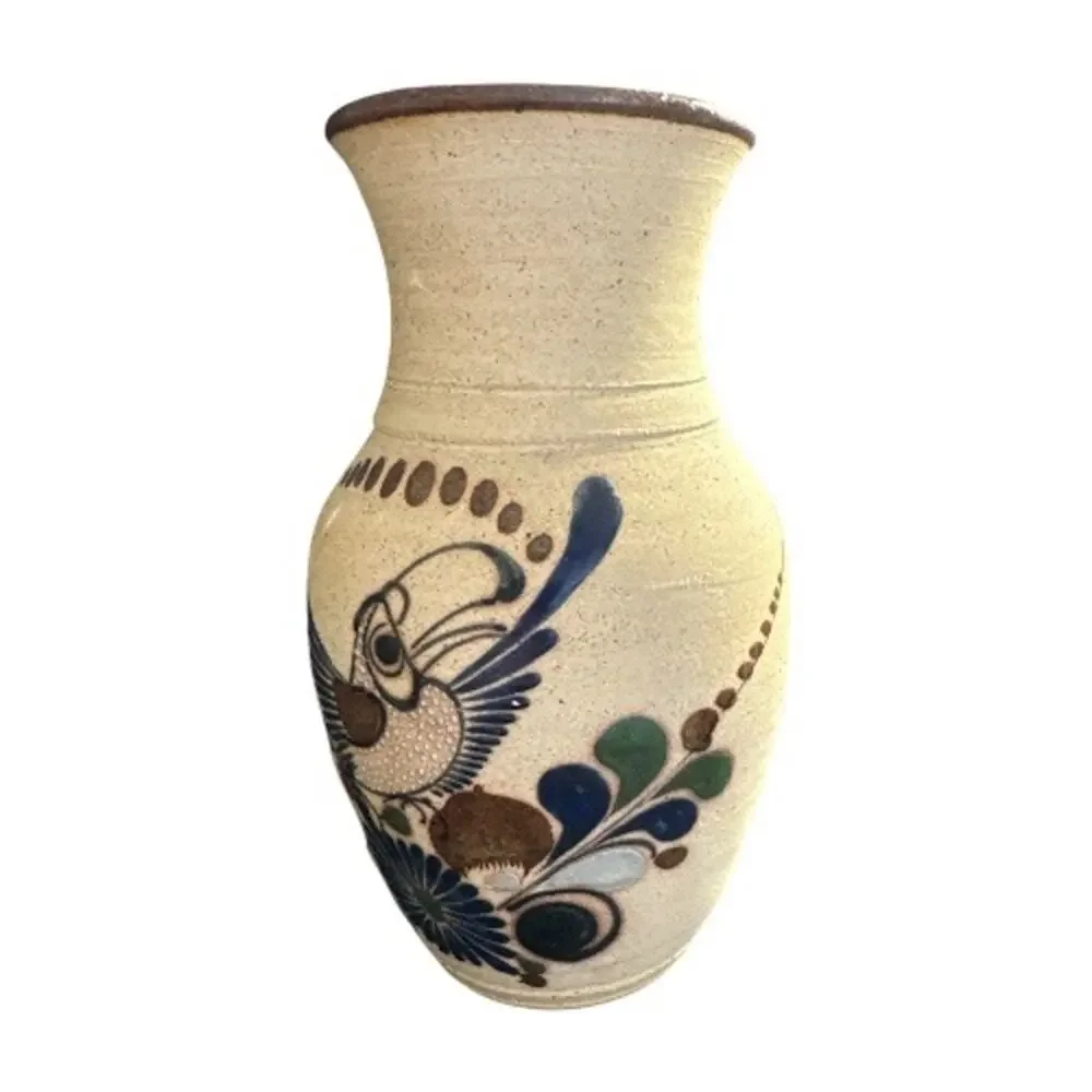 Vintage Tonala Hand Created Sandstone Pottery Bird Vase